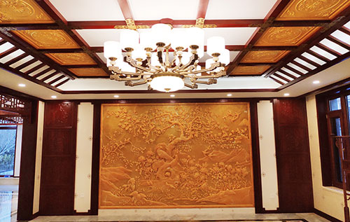 西城中式别墅客厅中式木作横梁吊顶装饰展示